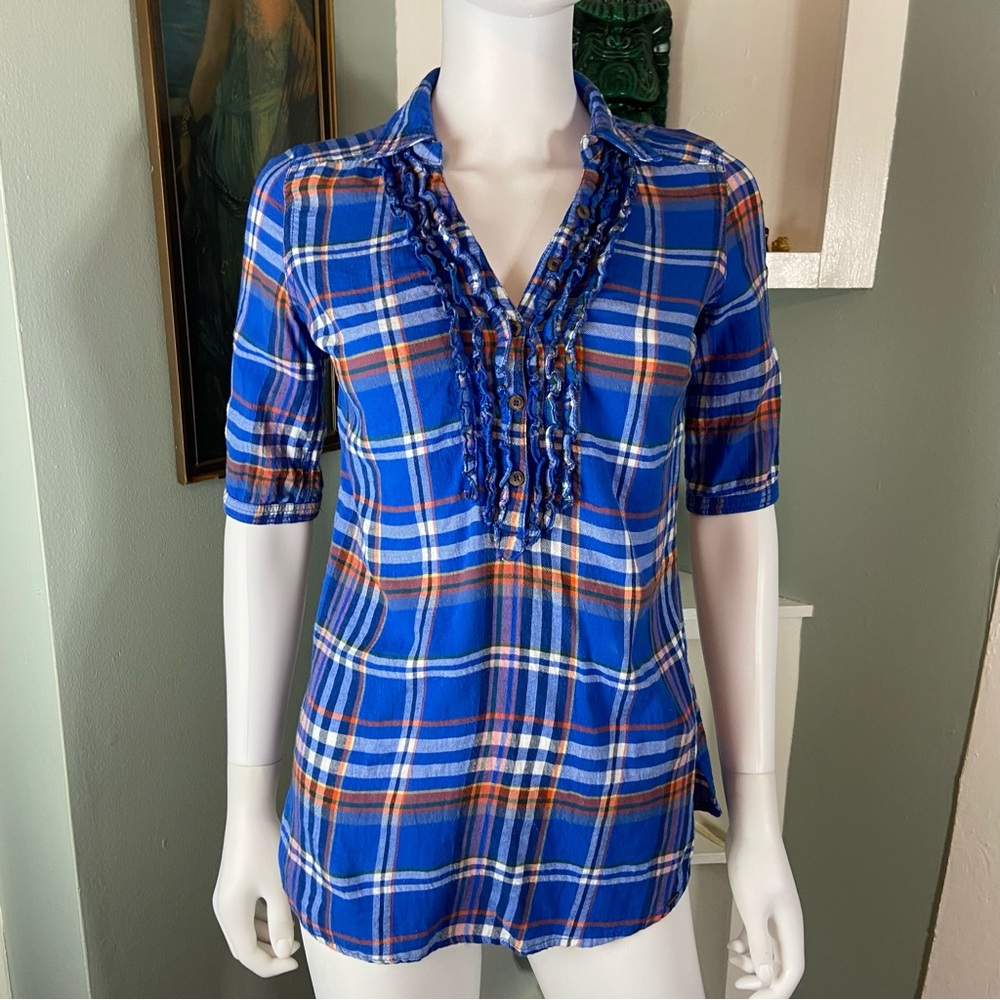Garage Flannel Plaid Blue Orange Tuxedo Ruffled Blouse Shirt Top Button Down XS